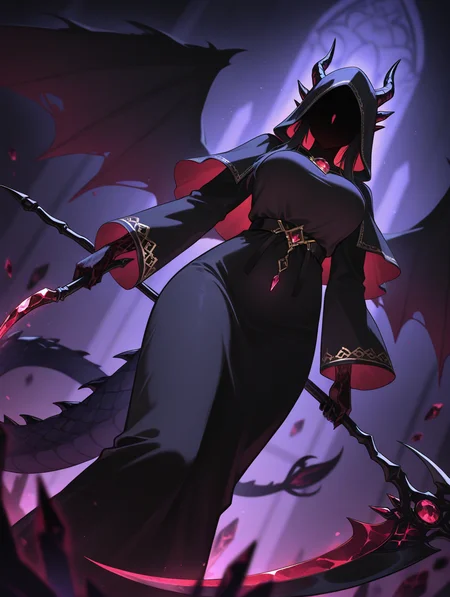 scythe, Dragon girl, 1girl, dynamic angle, black wings, crystal dragon girl, black robe, dragon tail, holding sickle, energy kama \(weapon\), dark theme, onyx crystals, Depth of field,  4k wallpaper, deep shadows, grim reaper, [(Chiaroscuro background:1.2)::0.2], (dark aura background:1.2), 
,masterpiece,best quality,newest,