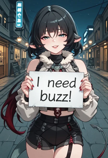 1girl, Expressiveh, KJOjane, long hair, black hair, aqua eyes, blunt bangs, tail, mouse ears, animal ears, multicolored hair, red colored tips, jane_doe_\(zenless_zone_zero\), <lora:jane-doe-ponyxl-lora-nochekaiser:1>, jane doe, animal ears, thigh gap, red nails, nail polish, mouse ears, mouse tail, green-grey eyes, black hair, large breast, blunt bangs, femme fatale, femme fatale look, cunning look, half closed eyes, singular visible back tied red streak, on a street, night sky, need_buzz, holding sign