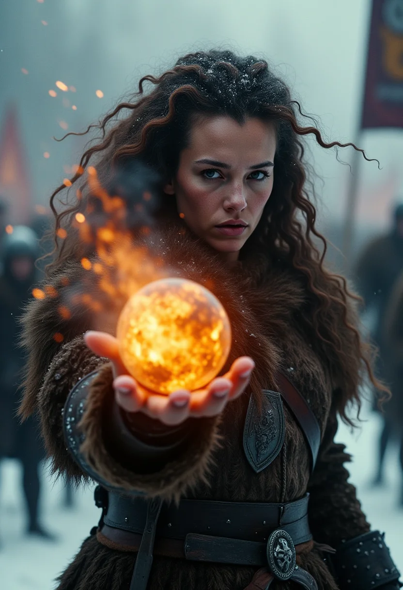 intensely focused Viking woman warrior with curly hair hurling a burning meteorite from her hand towards the viewer, the glowing sphere leaves the woman's body getting closer to the viewer leaving a trail of smoke and sparks, intense battlegrounds in snowy conditions, army banners, swords and shields on the ground <lora:Dever_Flux_Enhancer:0.5>