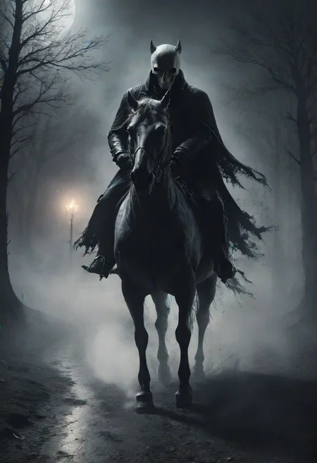 Headless Horseman in ultra-high quality, eerie atmosphere, dark and spooky, detailed textures, cinematic lighting, horse, mist, moonlight, depth of field, photorealistic, by Brom and Aaron Sims, 4k resolution