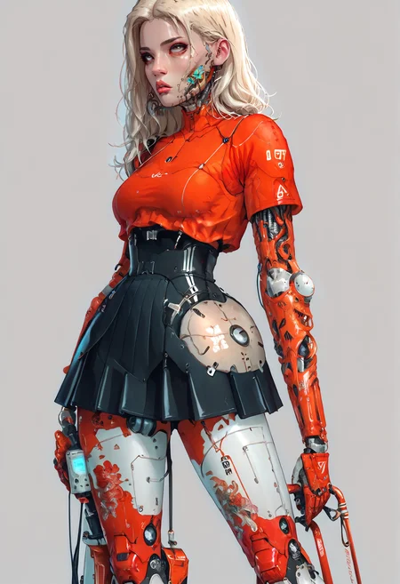 score_9,score_8_up,score_7_up,score_6_up,score_5_up,score_4_up,1 girl,solo,female focus,looking at the spectator,(Round face, deep brown eyes, slightly full lips, long straight dark blonde hair, 5'6", 127 lbs, medium breasts, narrow waist, athletic body, a butterfly tattoo on the lower back, caramel skin tone, softly rounded cheeks, and a prominent nose.:1.3),(A red lace bra matched with a deep green puffy mini skirt, and paired with bold red high heels on a platform, featuring beautiful lace details and a voluminous satin skirt, providing a vibrant and elegant contrast.:1.3),(plain contrasting background:1.3),(full-length:1.5),hands,Perfect hand,Perfect feet,Perfect eyes,cyb0rg,science fiction,cable,mechanical parts,<lora:feet v3:1>,<lora:hand 4:1>,<lora:PerfectEyesXL:1>,zPDXL2,zPDXLpg,<lora:cyb0rgXLP:0.8>,<lora:add-detail-xl:1>,<lora:DP-Pony:1>,p33rs,<lora:incase-ilff-v3-4:0.2>,