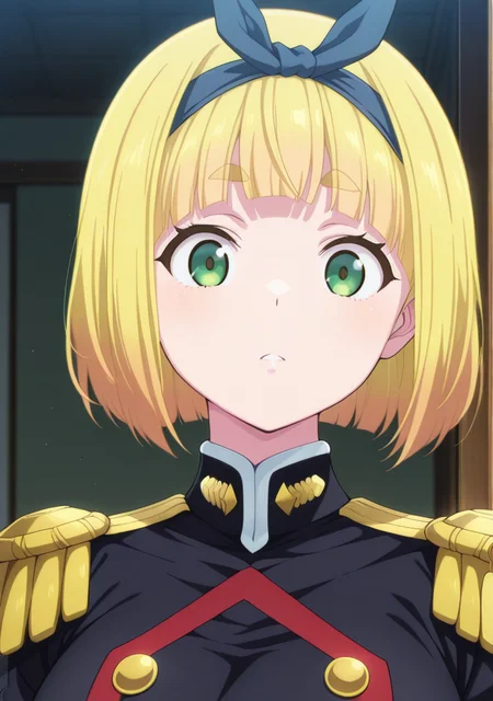 masterpiece,best quality,amazing quality,
1girl,looking at viewer,upper body,military uniform,
<lora:matochara:1>,suruga shushu,blonde hair,green eyes,hairband,