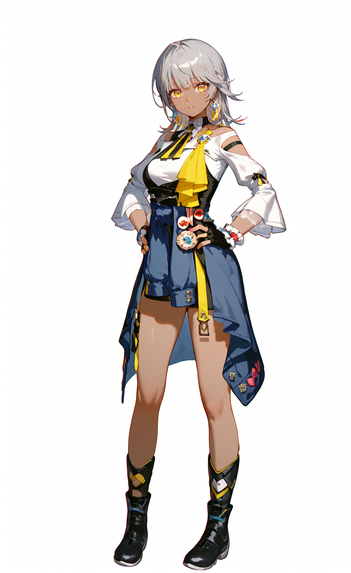 score_9, score_8_up, score_7_up, 8k, best quality, masterpiece, (ultra-detailed), (high detailed skin), (white background:1.3), 
(full body:1.2), (white background), standing, looking at viewer, (solo:1.2), hands on hips, 
<lora:Carol-pony-Tanger-000009:0.8>, Carol, def clothes, 1girl, gloves, fingerless gloves, dark-skinned female, dark skin, black gloves, clothes around waist, yellow eyes, black footwear, grey hair, 
(beautiful_face), ((intricate_detail)), clear face, 
((finely_detailed)), fine_fabric_emphasis, 
((glossy)), full_shot,