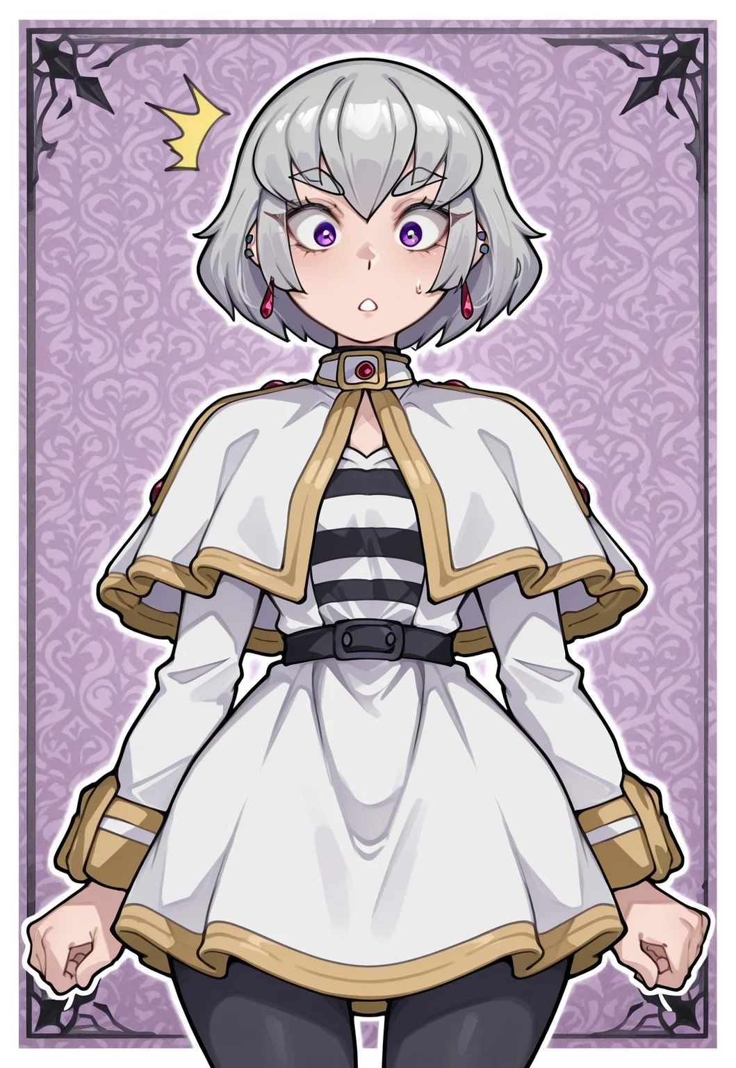 score_9, score_8_up, score_7_up,1girl,solo,iparuputsua , Megatron, 1girl, solo, grey hair, short hair, purple eyes, thick eyebrows, grey eyebrows, frieren cosplay, frieren (cosplay), shirt, long sleeves, jewelry, pantyhose, earrings, striped, black pantyhose, capelet, striped shirt, skirt, white skirt, wallpaper, surprised, looking down