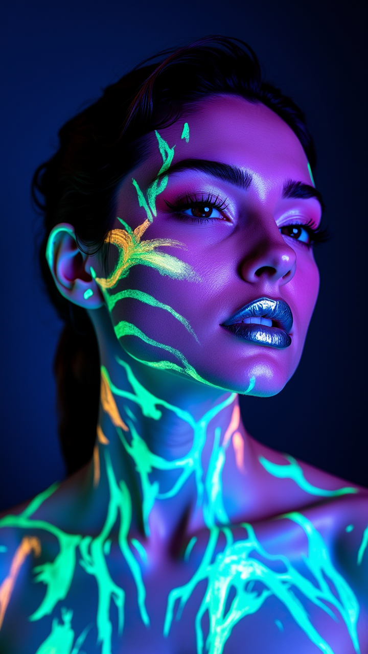 bioluminescent upper body portrait, 1girl, Adorable neon Colorless Shweshwe, Refreshing neon Silver lipstick, Explosive makeup,    , aidmaMJ6.1