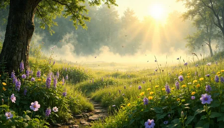 Lush meadow bathed in soft morning light, carpeted with vibrant purple and yellow wildflowers swaying gently in the breeze. Dew-kissed blades of grass shimmer, reflecting early sunbeams. A gentle mist hugs the landscape, creating a dreamy atmosphere. Delicate butterflies flutter between blossoms, while tiny ladybugs nestle on green leaves. Textured bark of trees frames the scene with a touch of rustic charm. The setting is tranquil, embodying the peaceful essence of dawn, captured in stunning detail with a focus on realism. Warm hues blend seamlessly with cool mists, enhancing the serene ambiance. Masterful use of perspective draws the eye across the vast, sprawling field. 8k resolution, masterpiece, intricate detail, natural realism. <lora:Mezzotint_Artstyle_for_Flux_-_by_Ethanar:0.5> <lora:Hand v2:0.3> <lora:Comic book V2:0.4> <lora:FluxMythP0rtr4itStyle:0.4> <lora:flux_dev:1>