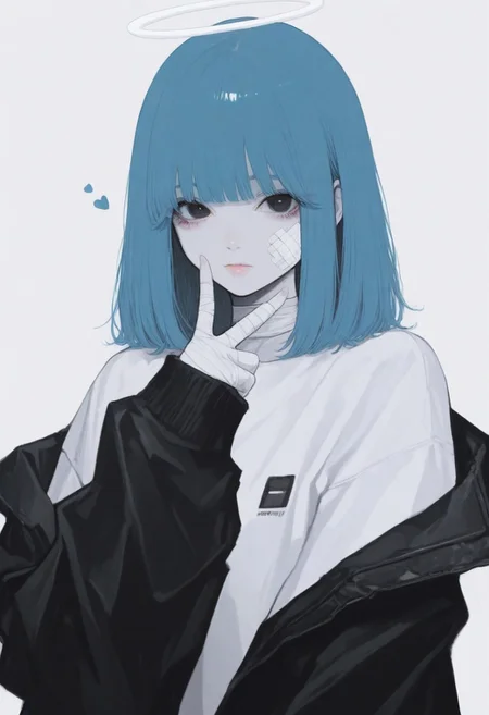 masterpiece, best quality,high quality, newest, highres,absurdres,  <lora:Sinozick_style-000019:1>,Sinozick_illu,gradient,spot color,  1girl, solo, jacket, bandaid, shirt, halo, white shirt, looking at viewer, upper body, bangs, medium hair, simple background, bandages, v, black eyes, blue hair, long sleeves, heart, closed mouth, hand up, off shoulder, sleeves past wrists, black jacket,white_theme