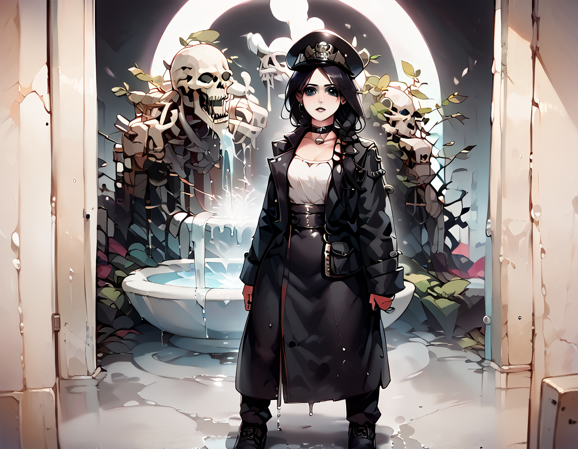(score_9,score_8_up,score_7_up:1), 1girl, full body, view from center, horror, neon body light, low ambient light, astonished, (goth, (black lipstick, black mascara, black eyeshadow)), (skinny), skeletal hair, long braided hair, choker, eyeshadow)), (pale rough skin), pawg, wide hips, milf, <lora:butt:1>, (begging eyes), wet public fountain, (<lora:commissar_uniform_WH40K:1> commissar uniform, long coat, commissar hat), <lora:CatalystStylePDXL:1> zzCitronCAT, , abstract background, , white outline