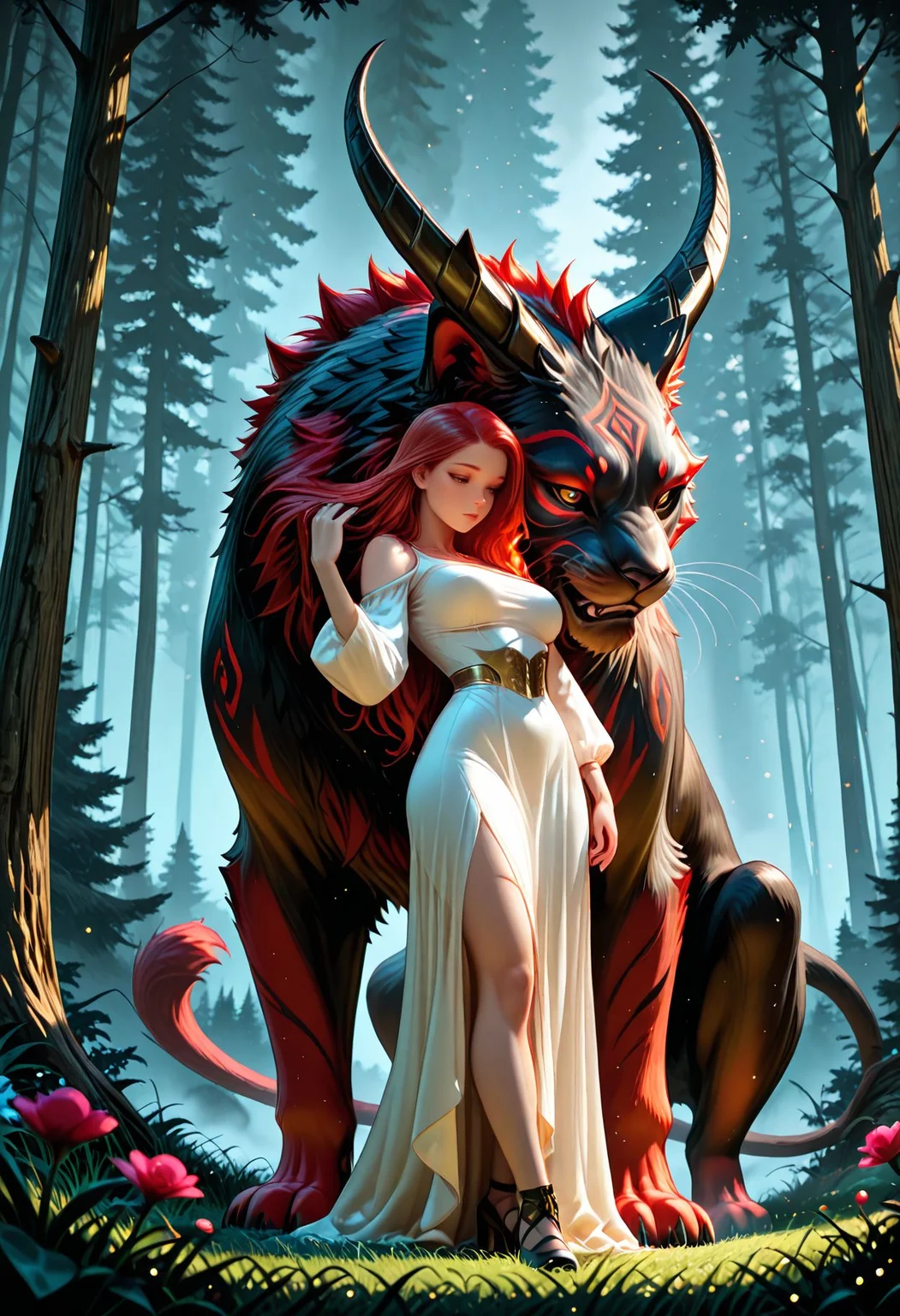 SmoothNoob_Quality, 1girl, long hair, red hair, breasts, dress, flower, forest, grass, nature, outdoors, plant, tree, giant animal, giant horned cat, mystical animal, fog, mysterious, otherwordly, light particles, petting,