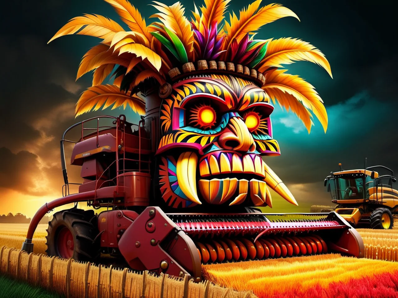 <lora:CulturePunkAI_1Pruned:.9> TikiAI combine harvester Highly detailed, amazing, Impressive lighting, vibrant colors, Ultra Realistic, High quality, Highly detailed, trending on artstation