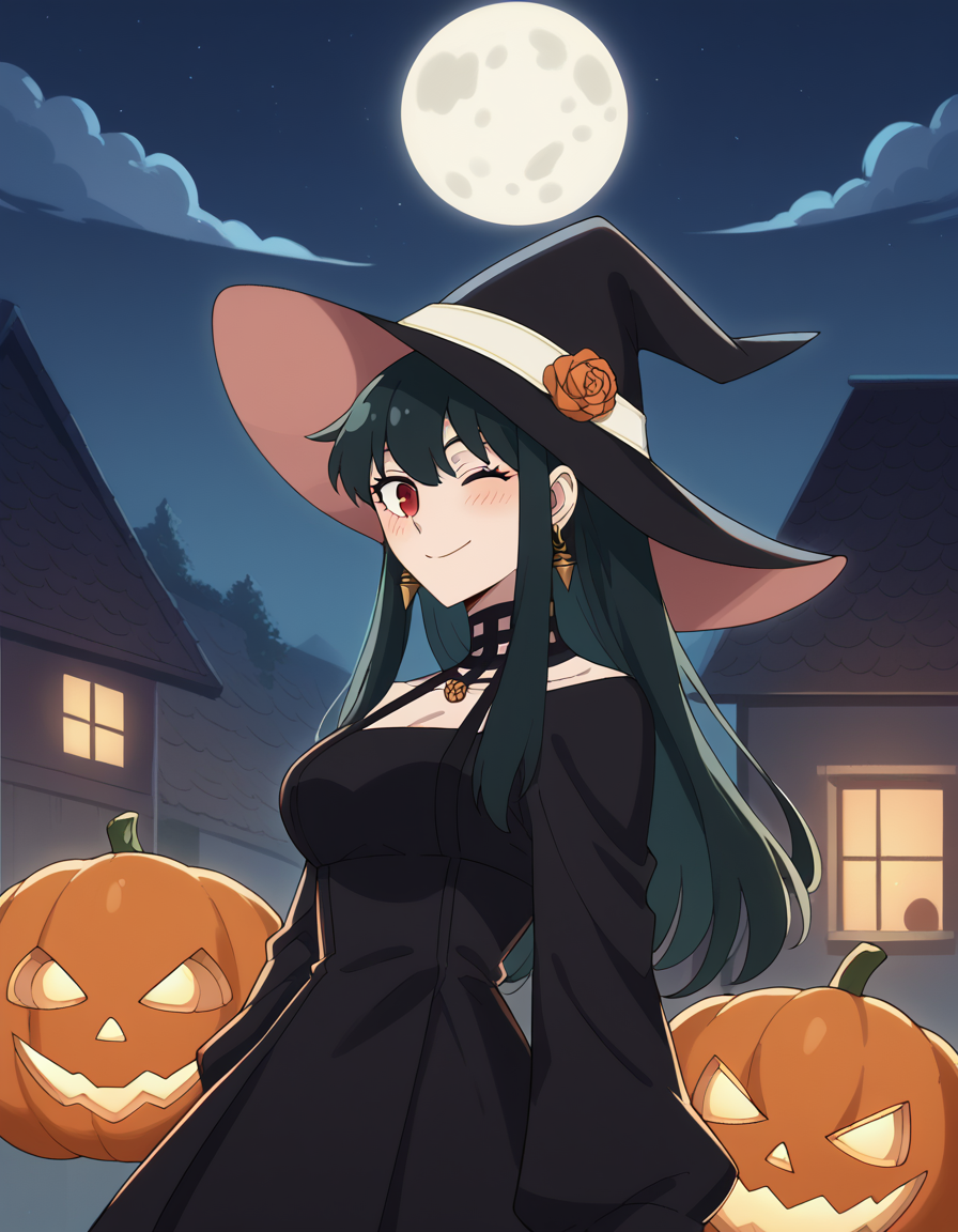 score_9, score_8_up, score_7_up, source_anime, yorbriar, <lora:yor-briar-s1-ponyxl-lora-nochekaiser:1>, yor briar, black hair, red eyes, earrings, white hairband, hairband, long hair, sidelocks, medium breasts,, <lora:witch-ponyxl-lora-nochekaiser:1>, witch, hat, witch hat, dress, halloween, halloween costume, jewelry,, night, moon, blush, smile, one eye closed,, looking at viewer