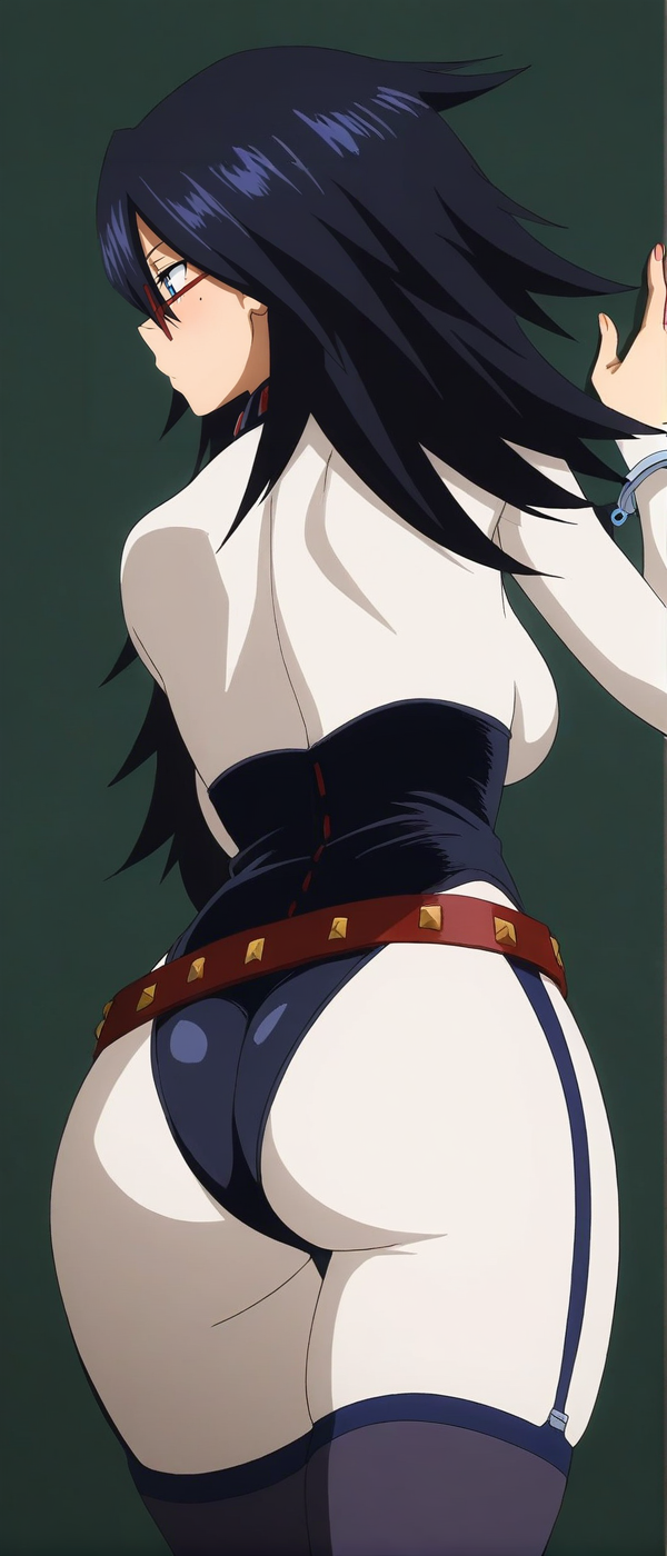 <lora:Midnight_-_My_Hero_Academia_-_waiNSFW:1>, anime coloring score_9, score_8_up, score_7_up, source_anime, hires image, masterpiece, best quality, BREAK,  newest, masterpiece, best quality, 4k, 1girl, solo, long hair, blue eyes, mole under eye,  glasses bodysuit, leotard, handcuffs, belt, garter straps, thighhighs, boots, high heel boots, From Behind, rear view, ass focus,  back straight, standing straight, back view,