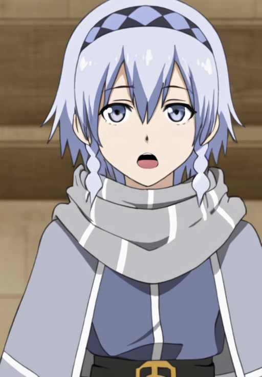 <lora:Sophie:0.8>, Sophie, 1girl, solo, looking at viewer, open mouth, upper body, grey hair, parody