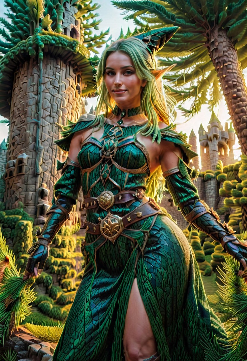 pines and needles, beautiful female, dressed as witch, score_9, score_8_up, score_7_up,  UHD, 16K, masterpiece, detailed, ultra_high_resolution, lots of detail, (photo realistic:1.4), (small waist:1.4), (slender:1.2), fitness body, wide hips, slender legs, high cheekbones, oval face, 30 years old, mature female, makeup, pretty face, SUPERMODEL, jewelry, sweater made of pines, solo, only illuminated by the setting sun, golden glow, sunset, one pine tree, seductive smile, sultry, serious stare, stern look, natural skin, long hair, belt, knee boots with buckles, (long skirt made needles:1.6),  MagicianAi, green pentacle, dress, choker, bracer, long sleeves, gloves, white hair, green hair tips,  lyarah, low angle, dynamic agile position, (fully dressed:1.8), agile position, dynamic picture, (elbow gloves:1.8). (fantasy castle made of pines:2.9), (natural hands:1.4), correct hands.