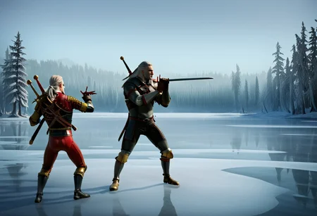 (geralt) sword fighting against the (nutcracker); 2 opponents,
high guard sword parry stance,
at a frozen lake,
realistic photo,
sfw