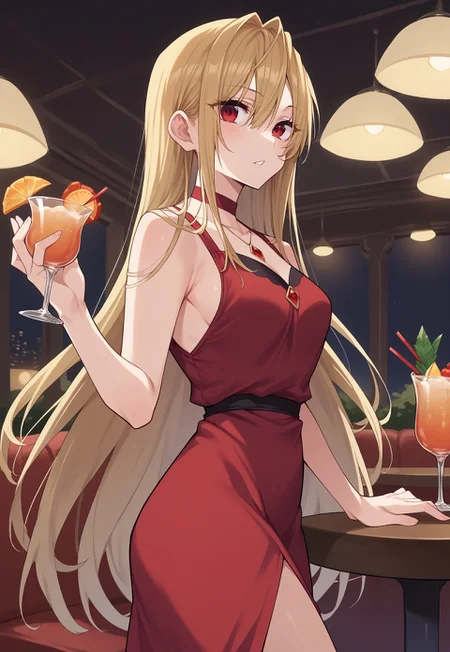 zPDXL3, score_9_up, score_8_up, score_7_up, (Anime_source), 1girl, JunShiosato-artstyle, red eyes, blonde hair, long hair, (dress), standing, crossed leg, cowboy shot, looking at viewer, parted lips, from side, luxurious restaurant, night, relax atmosphere, table, cocktails,