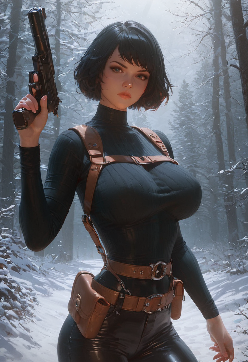 score_9, score_8_up, score_7_up, high detailed, high quality, masterpiece, no text, quality highlights, 8k detail, ultra-detailed, ... 1girl, woman, april o'neil, bob cut black hair, beautiful face, serious face, black ribbed sweater, Holster harness, (black pants:1.15), thin waist, (covered nipples:0.5),   (holding a gun:1.2), looking at viewer,  (snowy forest, night time:1.15),  <lora:AIã¤ã©ã¹ããããã_(2):1.0000000000000002> <lora:Dramatic_Lighting_Slider:2.0000000000000004> <lora:Expressive_H-000001:1.0000000000000002>