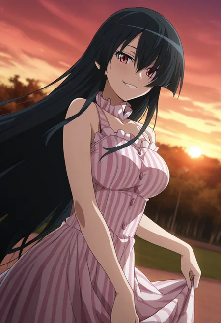 akame, long hair, black hair, red eyes, slit pupils, hair over one eye, smug smile, parted lips, digital illustration about a cheerful clown character in a colorful outfit, shot from a front camera angle, playfully smiling while holding her dress. She is positioned in the center of the painting, facing the viewer, with a playful and mischievous smile, her eyes looking directly at the viewer and a mole on her cheek. her body is slender, with large breasts and bare shoulders, she wears a light-colored, striped dress with a frilly collar and pink skirt, in the background we can see an amusement park and a sunset with a fire-red sky, which adds to the lively and vibrant atmosphere of the scene, the vibrant colors and detailed shading give the image a sense of depth and dimensionality, soft ambient glow, dramatic landscape, blurred background, depth of field, erotic and aesthetic, sensual pose, dynamic Dutch angle, bright colors,