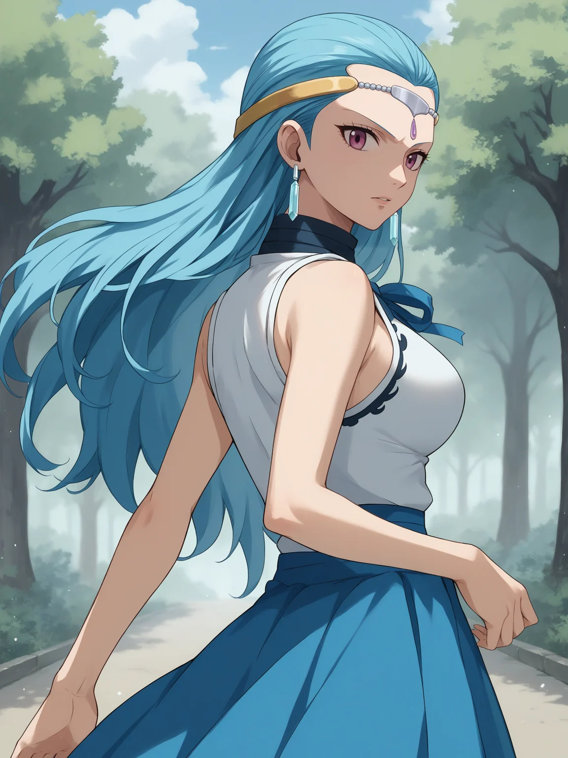 score_9, score_8_up, score_7_up, score_6_up, score_5_up, source_anime, smooth_anime,
Aquarius, 1girl, solo, pink_eyes, blue_hair, ribbon, hair_ribbon, looking_at_viewer, long_hair, outdoors, jewelry, earrings, breasts, looking_back, sleeveless, blue_ribbon, skirt, shirt, tree, large_breasts, sleeveless_shirt, blue_skirt, long_skirt, day
 <lora:Aquarius_XL:1>