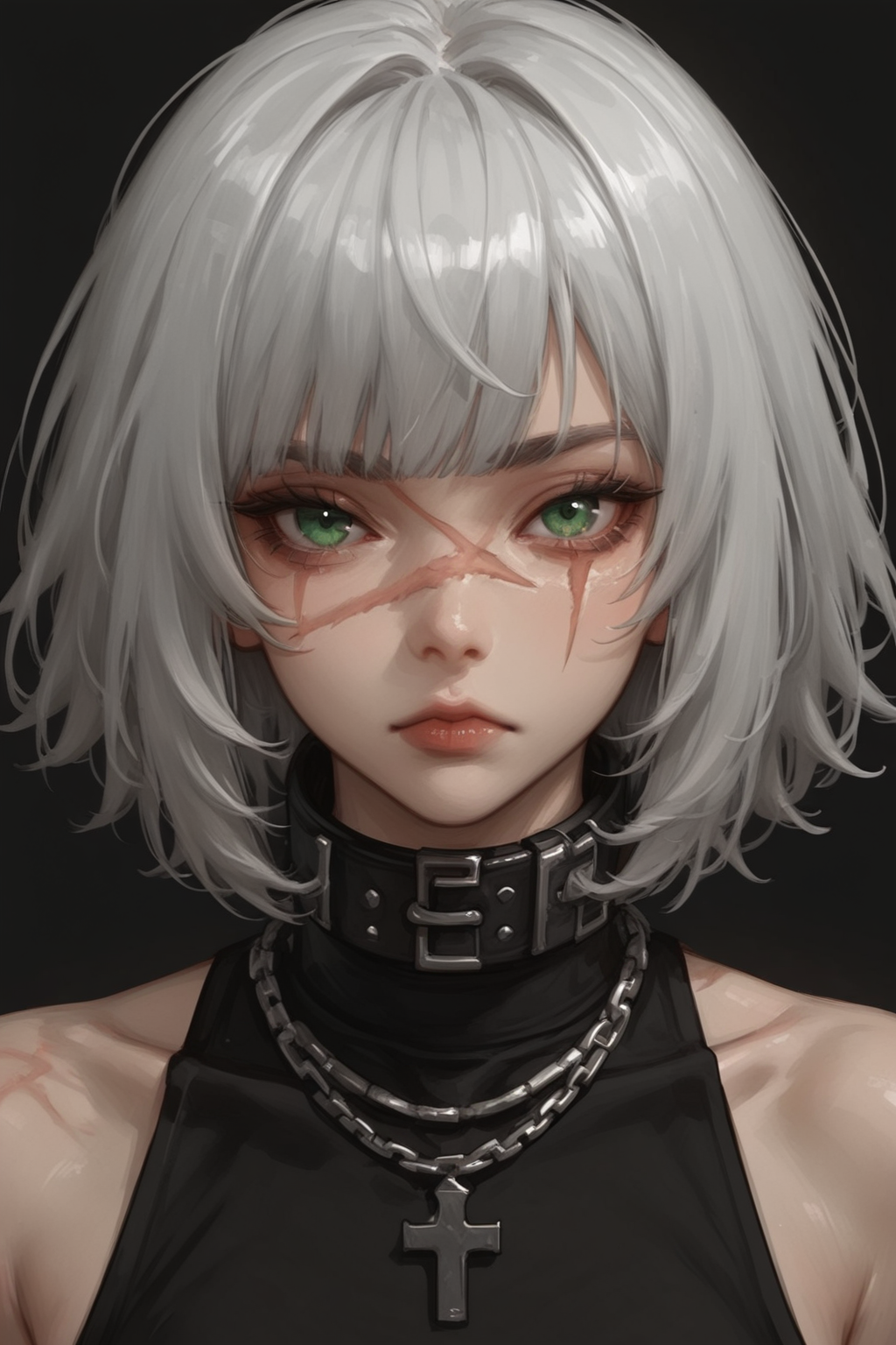 1girl, 1girl,solo,looking at viewer, short hair, bangs, simple background, bare shoulders, jewelry, ,closed mouth, green eyes, white hair, grey hair, medium hair, necklace, collar, scar, black background, portrait,, scar on face, scar across eye, covered collarbone