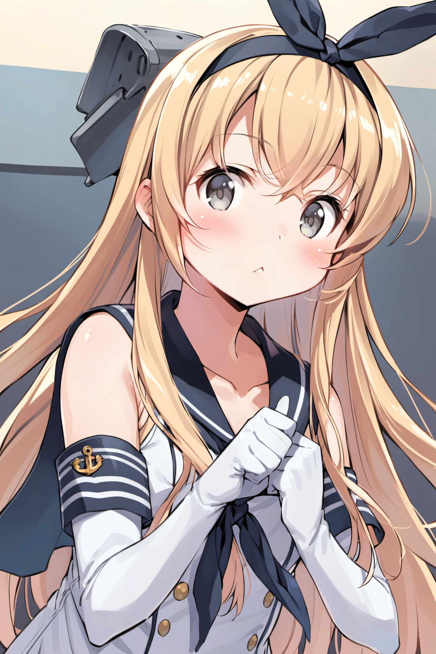 shimakaze (kancolle), 1girl, long hair, solo, elbow gloves, gloves, blonde hair, anchor hair ornament, hairband, hair ornament, grey eyes, looking at viewer, blush, :<, upper body, white gloves, serafuku, sailor collar, <lora:Kanzaki Hiro_XL:0.8>