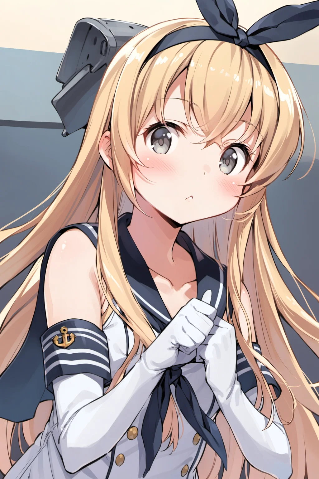 shimakaze (kancolle), 1girl, long hair, solo, elbow gloves, gloves, blonde hair, anchor hair ornament, hairband, hair ornament, grey eyes, looking at viewer, blush, :<, upper body, white gloves, serafuku, sailor collar, <lora:Kanzaki Hiro_XL:0.8>