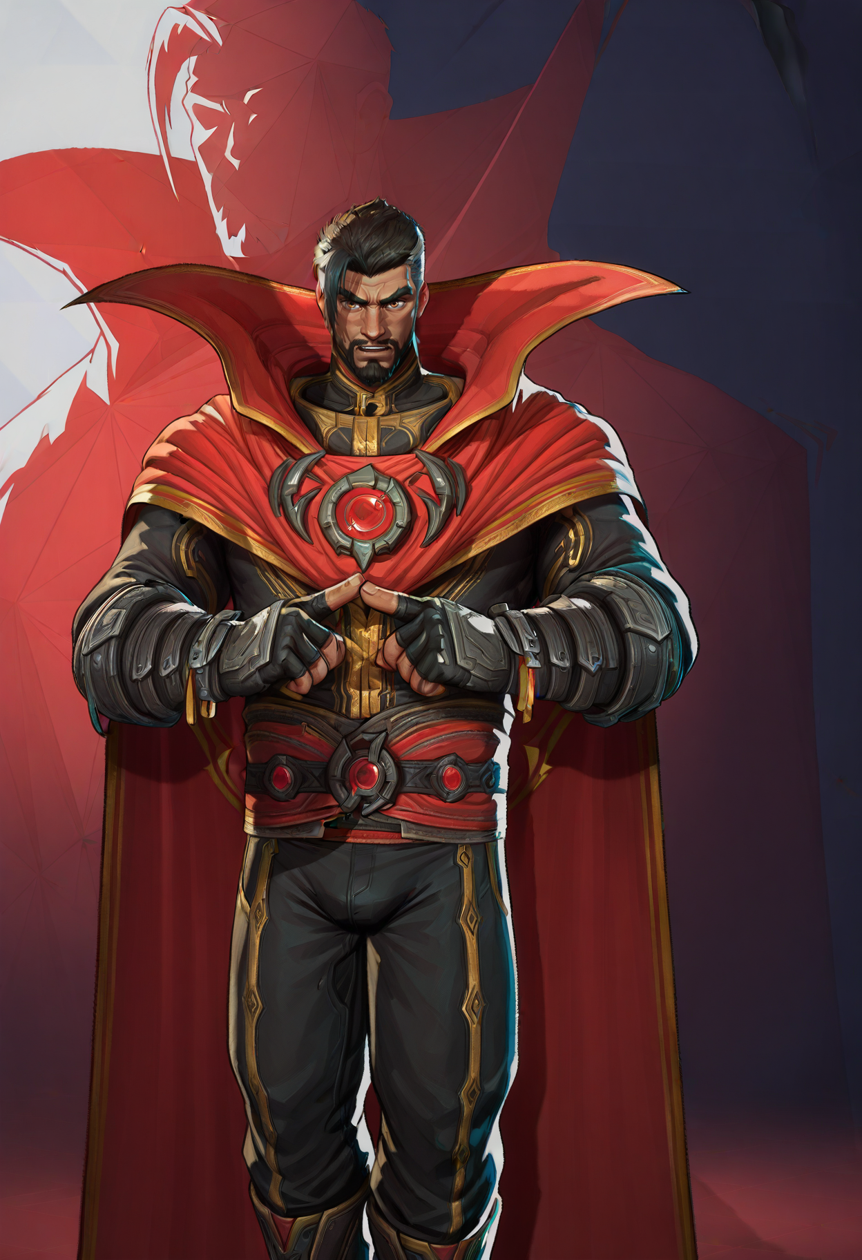 <lora:MarvelRivals:1> r1vals,
1boy, solo, male focus, facial hair, mature male, cape, beard, muscular male, muscular, gloves, red cape, short hair, black hair, bara, fingerless gloves, multicolored hair, looking at viewer, pants, undercut, feet out of frame, thick eyebrows, black pants, standing