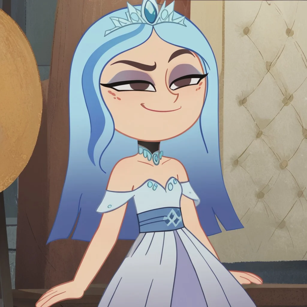 score_9, score_8_up, score_7_up, BREAK high quality, masterpiece, AndreaDTGMM, 1girl, long hair, blue hair, multicolored hair, crown, tiara, sash, choker, dress, smug, she is proud of herself