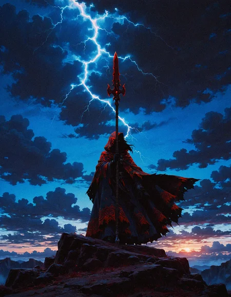 masterpiece, best quality, amazing quality, <lora:DarkFantasy_v3_Buns:0.55>, Storm Herald, cloud-patterned cloak, crackling lightning spear, windswept cliff, masterpiece, best quality, amazing quality