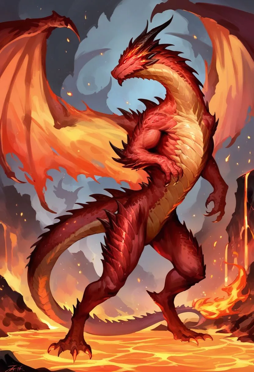 score_9, score_8_up, score_7_up, source_anime, Massive Fire Elemental dragon, feral dragon, Red scales, bipedal legs, fire hair, glowing red eyes, lava background, (sfw, monster, non human features:1.3), (detailed image, high resolution, 5k resolution:1.0), (fantasy art style, anime art style:0.90)
