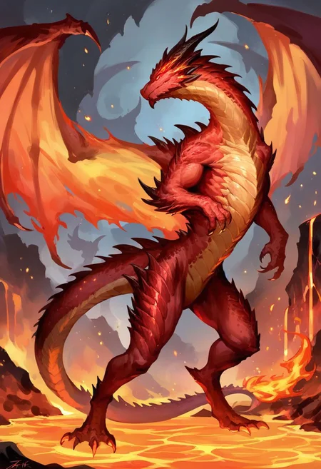 score_9, score_8_up, score_7_up, source_anime, Massive Fire Elemental dragon, feral dragon, Red scales, bipedal legs, fire hair, glowing red eyes, lava background, (sfw, monster, non human features:1.3), (detailed image, high resolution, 5k resolution:1.0), (fantasy art style, anime art style:0.90)