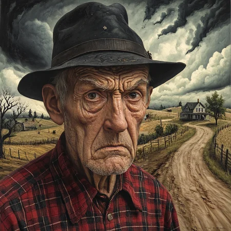 <lora:Rural_EldrichSDXL:1> Rural Eldrich, The image is a portrait of an old man with a serious expression on his face. He is wearing a black hat and a red plaid shirt. The man appears to be in his late 60s or early 70s with wrinkles and wrinkles on his forehead and upper body. He has a pale complexion and dark hair. The background is a landscape with a dirt road winding through it and there are houses and trees scattered throughout. The sky is filled with dark clouds and the overall mood of the image is eerie and foreboding., 1boy, hat, male focus, solo, cloud, realistic, cloudy sky, sky, facial hair, tree