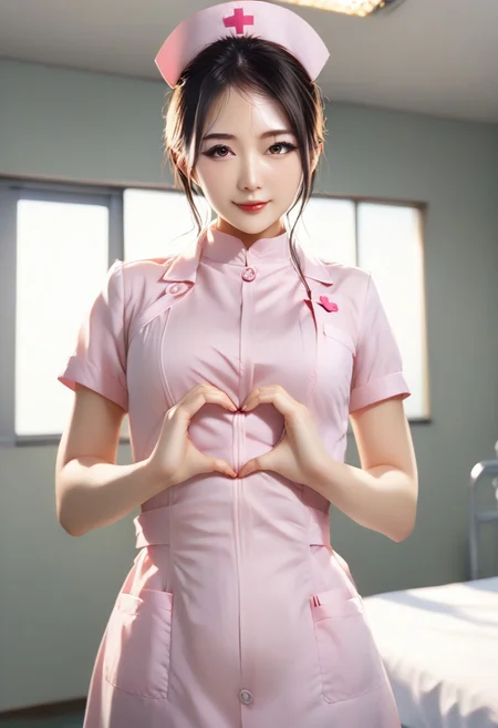 (Cowboy shot:1.2), smiling elegant slim asian woman, Japanese, wearing (((pink nurse uniform))), black hair, (brllyheart:1.4), (modern hospital room), photo, 1girl, ultra high res, realistic photorealistic, ultra-detailed, finely detailed, high resolution, perfect dynamic composition, (perfect eyes), (detailed eyes), solid circle eyes, sparkling eyes, (clean eyes), anatomically correct, super detail, textured skin, extremely detailed face and eyes, detailed facial features, ((perfect face)), narrow waist, thin waist, wide hips