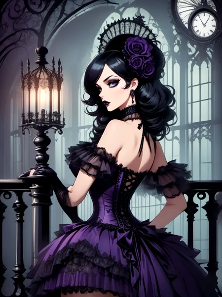Gothic style beautiful woman wearing a burlesque dress Leaning on a railing or fence in Environmental Science Laboratory, <lora:xl_burlesque_dress-1.0:0.8> . Dark, mysterious, haunting, dramatic, ornate, detailed