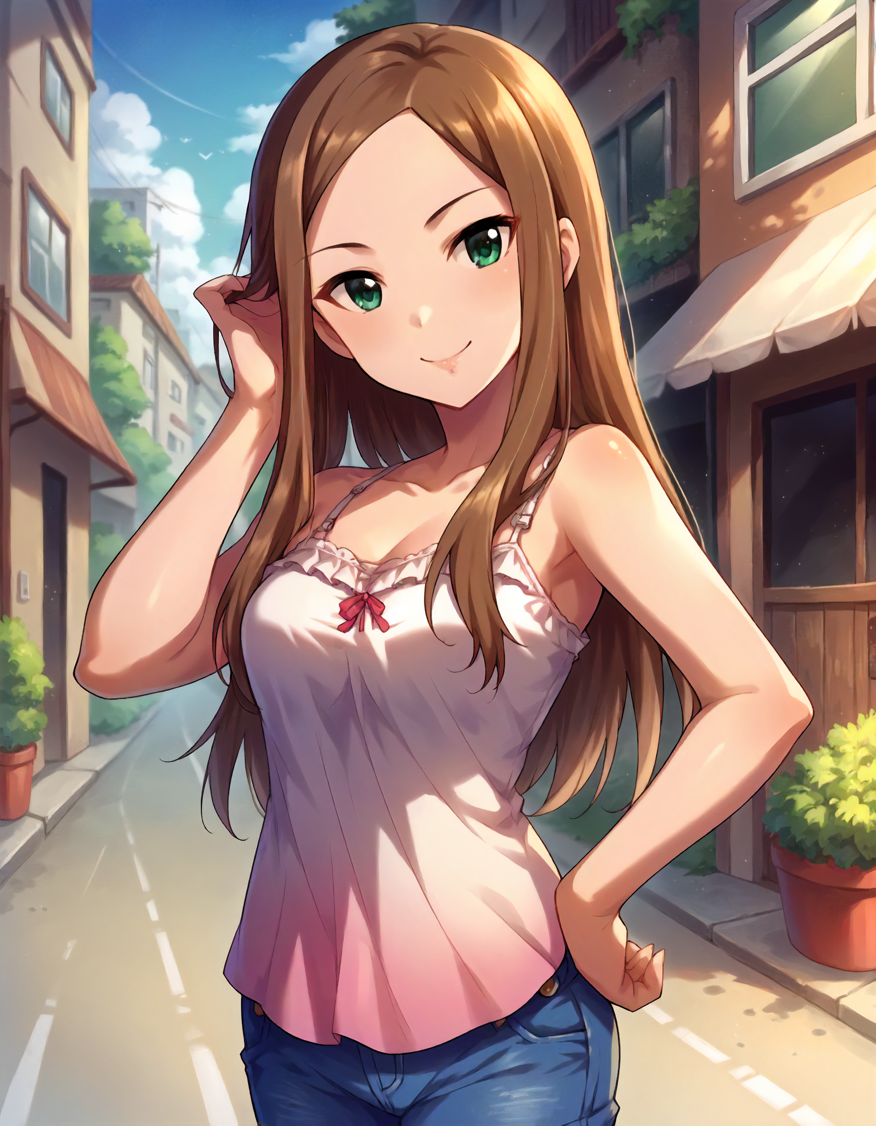 score_9,score_8_up,score_7_up,1girl,solo,cowboy shot,looking at viewer,smile,outdoors,street,hand on own head,hand on own hip,
<lora:matsuyamakumiko_ponyXLV6:0.8>,cgmkm,brown hair,long hair,green eyes,
camisole,short denim