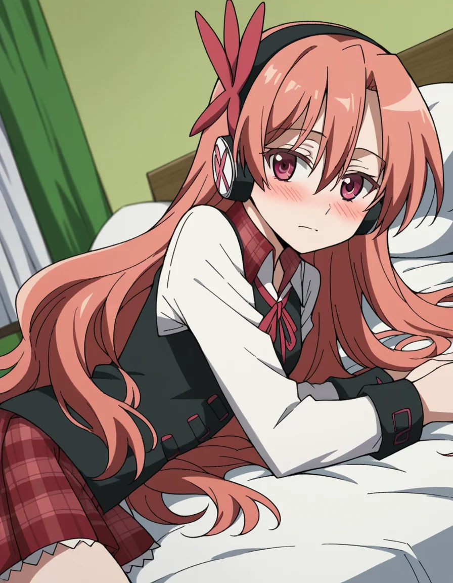 score_9, score_8_up, score_7_up, source_anime,
agkchelsea, <lora:agk-chelsea-s1-ponyxl-lora-nochekaiser:1>,
chelsea, pink eyes, hair between eyes, long hair, pink hair, straight hair,
collared shirt, diagonal stripes, dress shirt, hair ornament, headphones, long sleeves, neck ribbon, plaid, plaid skirt, pleated skirt, red ribbon, red skirt, ribbon, shirt, skirt, striped, vest, white shirt, wing collar,
indoors, bed, bed room, on side, blush, drunk,
cowboy shot, solo, dutch angle, looking at viewer,