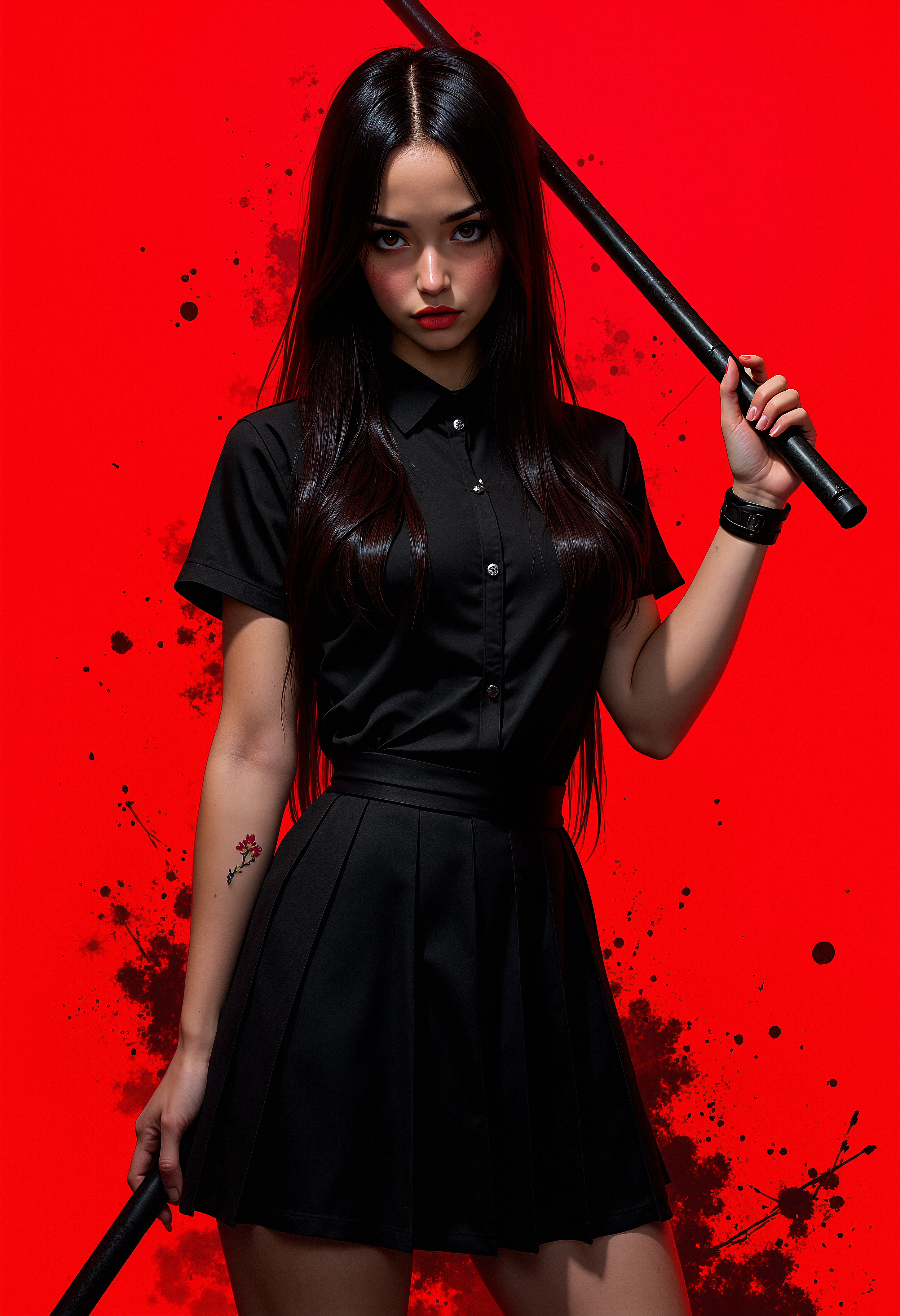 A young woman standing in a dynamic low-angle pose, her body slightly tilted as she looks down towards the viewer. She has a slim, athletic build with long, straight black hair that falls past her shoulders. Her expression is serious, with dark eyeliner and minimal makeup, emphasizing her large, almond-shaped eyes. She is wearing a black, short-sleeved shirt, slightly wrinkled, tucked into a high-waisted, pleated black skirt. Her left arm is bent and holds a black metal baton, with her right arm straight at her side, revealing a visible vein on her forearm. She wears a black wristband on her right wrist. The lighting highlights her sharp facial features and the texture of her clothing. The background is a solid, intense red, with subtle, dark smudges adding texture. The overall style is hyper-realistic with a slightly exaggerated, dramatic perspective, enhancing the sense of power and tension in the image.   <lora:FluxMythP0rtr4itStyle:0.8> MythP0rt,