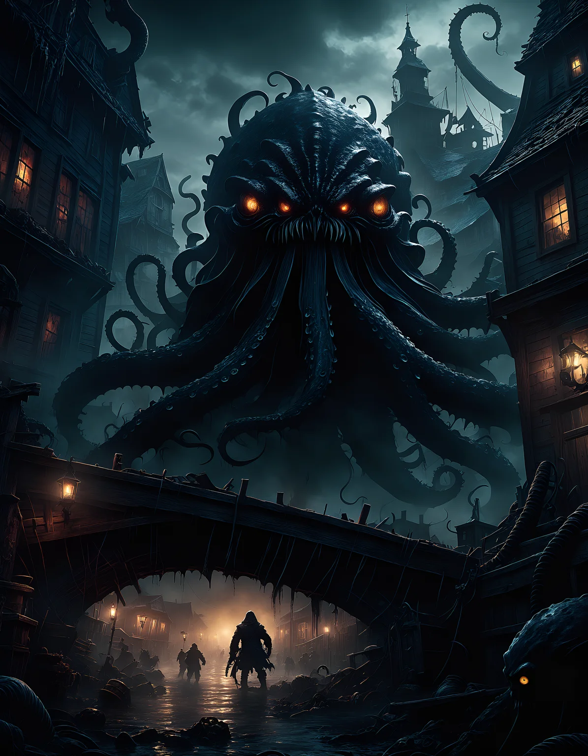 <lora:Dark Fantasy:1>(detailed background, ultra detailed, 8k UHD), Dark Fantasy Page, Kraken in a Zombie-infested Town