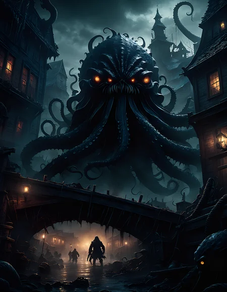 <lora:Dark Fantasy:1>(detailed background, ultra detailed, 8k UHD), Dark Fantasy Page, Kraken in a Zombie-infested Town