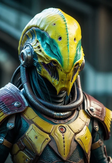 ultra realistic, realism, aquatic, reptilian fish alien, Genestealer, cinematic, mechanical face mask, indentation, beveling, edge bevels,  wearing leather science fiction armor, (((without helmet))), (((no helmet))), exudes confidence and power, talons, claws, crustacean, Colors: yellow and turquoise and violet, volumetric lighting, realistic subsurface scattering  , cinematic low-key portrait photography, hyper detailed, texture, 8k, HD, UHD, perfect texture, featured on Artstation, top of Pinterest, (((no eyes)))