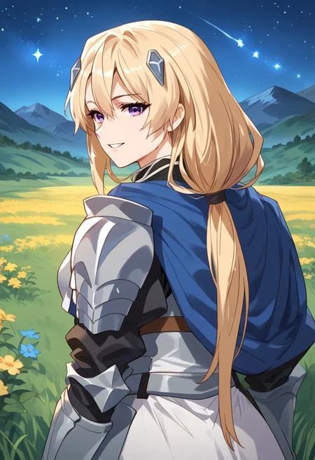 zPDXL3, score_9_up, score_8_up, score_7_up, (Anime_source), 1girl, Ines, purple eyes, blonde hair, long hair, low tie ponytail, Ines armor, (looking back), upper body, looking at viewer, smile, parted lips, night, star(sky), flowers, grass, mountains