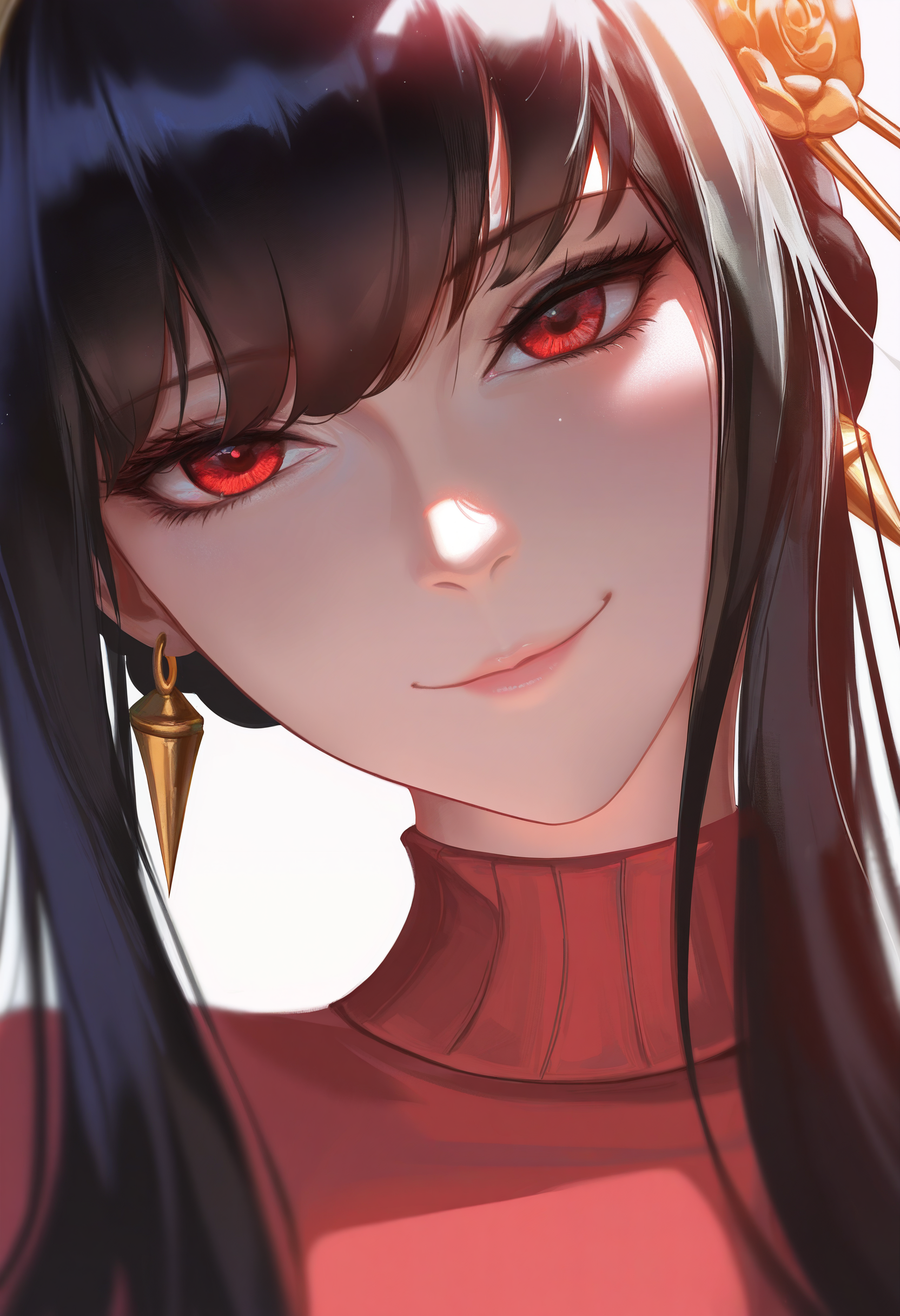 1girl, solo, red sweater, yor briar, portrait, looking at viewer, smile, head tilt, depth of field, 
masterpiece, best quality, <lora:liangxing-guy90-Illust-Lycorisv1:1>, liaing