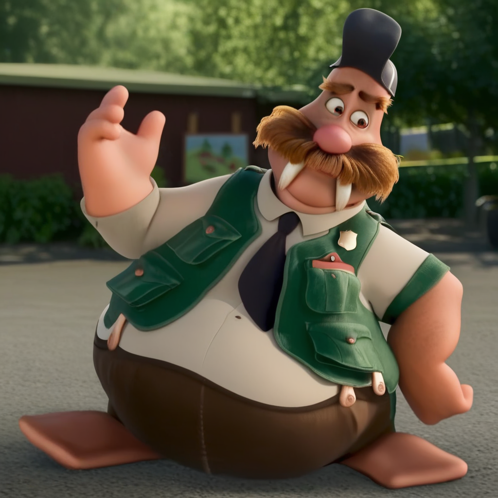 Wally walrus, walrus, furry male, anthro, webbed feet, large mustache, camp counselor uniform, tanger hat, ranger badge, black tie, tusks, big red nose, thick eyebrows, bald, green vest, white dress shirt, suspenders holding up pants, brown pants, black and white striped shirt, black cap, black shorts, red whistle around neck, barefoot, smile,
