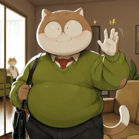 masterpiece, best quality, amazing quality, luc4s, male, furry male, anthro, solo, cat, brown fur, two tone fur, black eyes, whiskers, eyebrows, small ears, tail, chubby, green sweater, white shirt, red tie, black pants, handbag, standing, smile, waving hi, indoors, living room