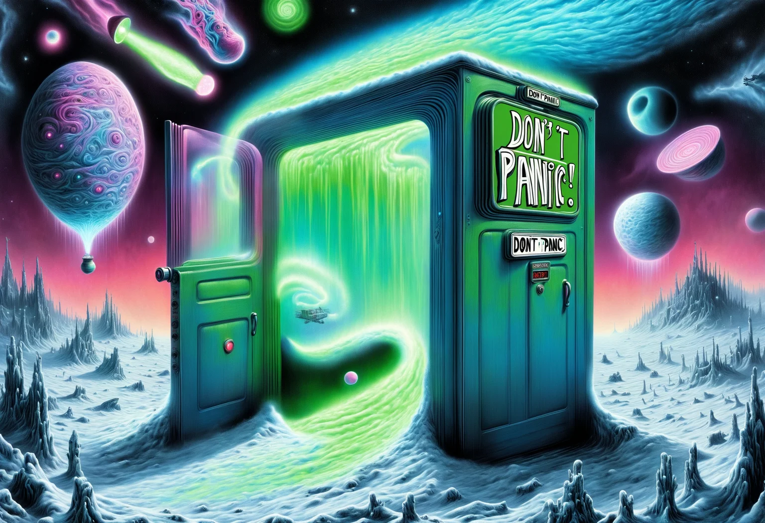 DonMD0n7P4n1cXL, text "DON'T PANIC!", hyper detailed masterpiece, dynamic realistic digital art, awesome quality,restrictive winterfell,whisplike egress,quantum lights coast depth peeling,fog, thermosphere,fragment,interdimensional,unshakeable,discovery,Shadowy,socratic,quaint,farming <lora:DonMD0n7P4n1cXL:1>