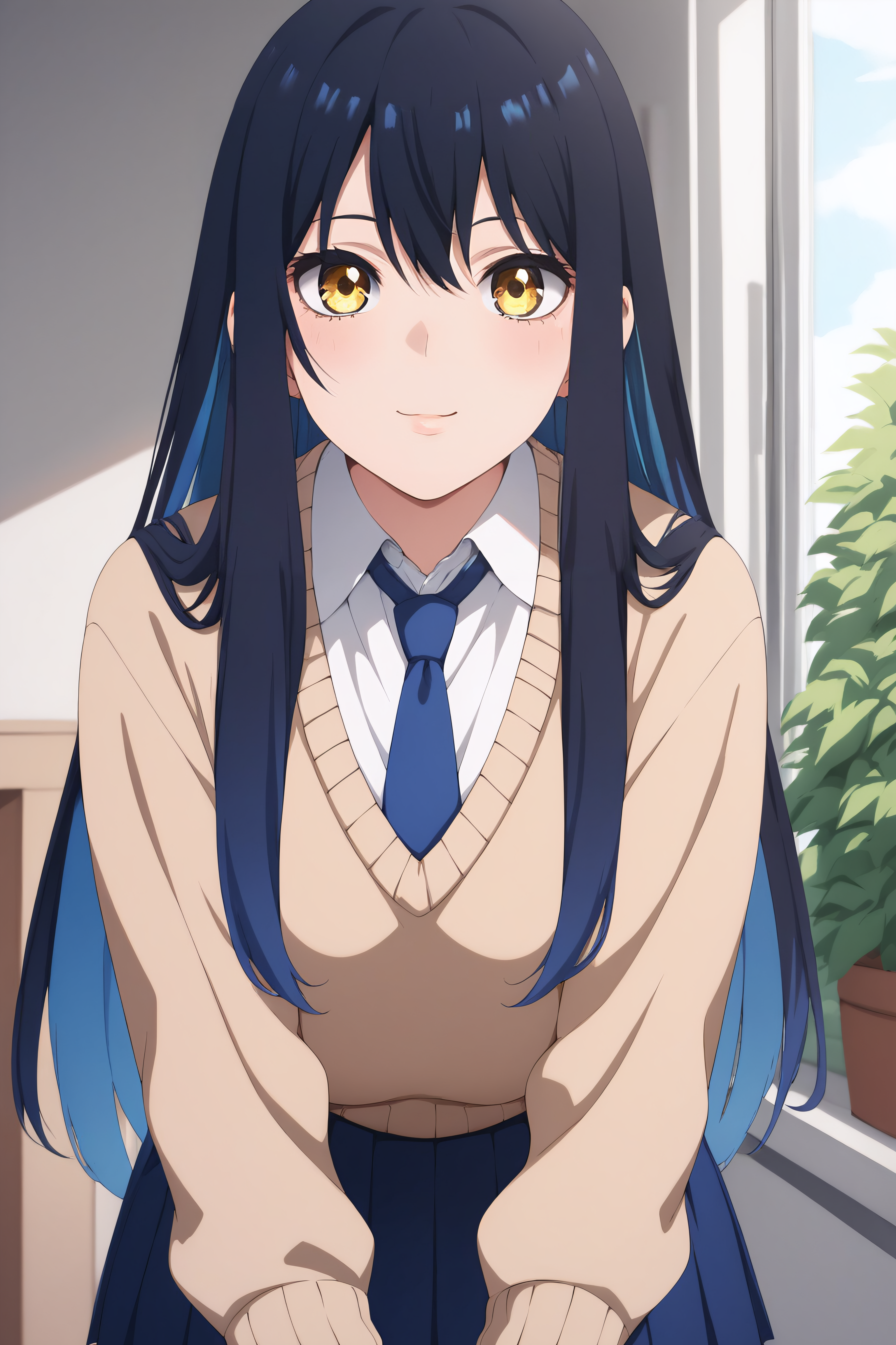 score_9, score_8_up, score_7_up, score_6_up, score_5_up, score_4_up, BREAK source_anime, <lora:miko yotsuya-PonyXL:0.8> miko yotsuya, yellow eyes, black hair, blue hair, multicolored hair, long hair, blue pleated skirt, beige sweater, blue necktie,