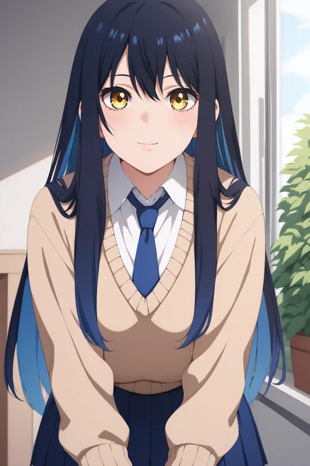 score_9, score_8_up, score_7_up, score_6_up, score_5_up, score_4_up, BREAK source_anime, <lora:miko yotsuya-PonyXL:0.8> miko yotsuya, yellow eyes, black hair, blue hair, multicolored hair, long hair, blue pleated skirt, beige sweater, blue necktie,