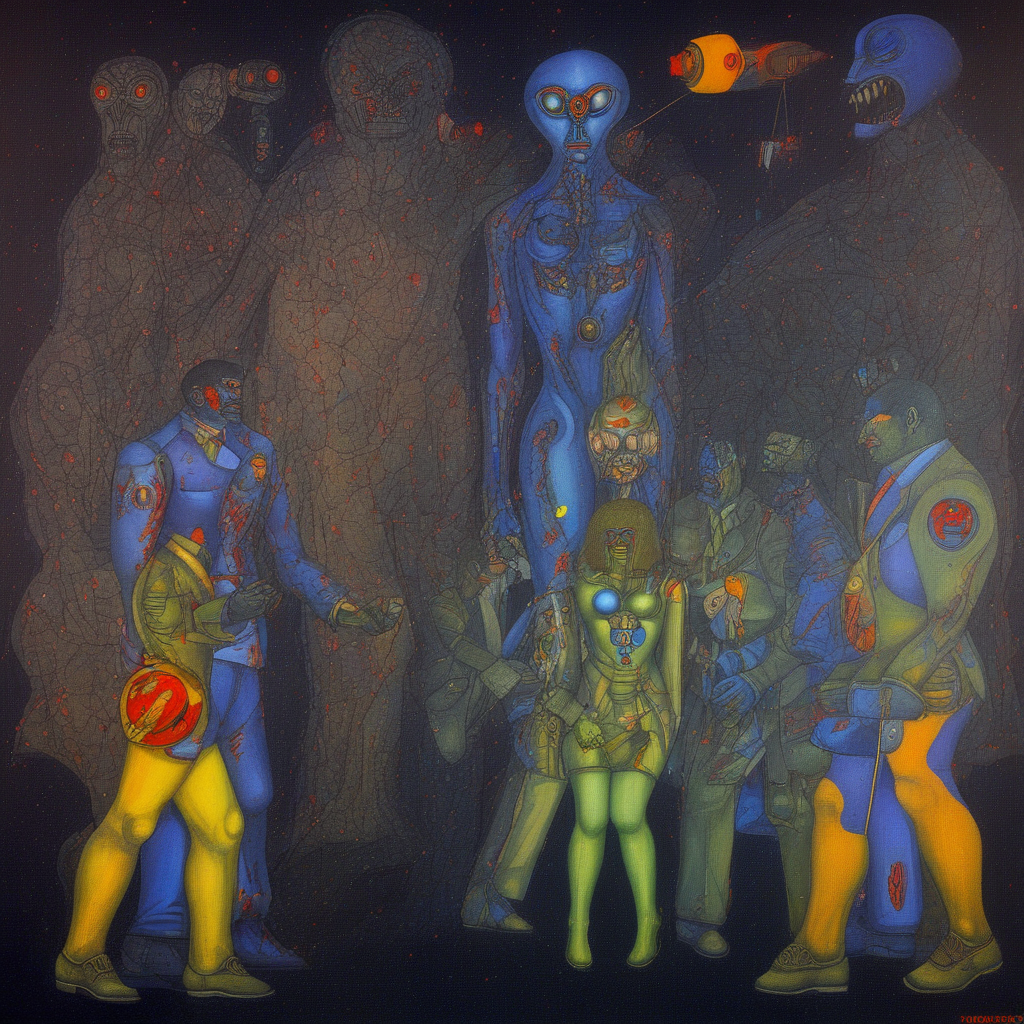 alien invasion, epic, dramatic, battle, horror, by richard lindner, painting, pop art