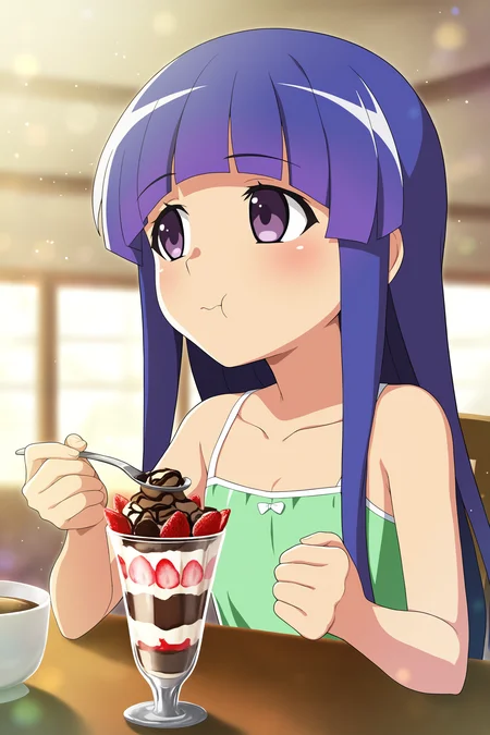 higurashimei, 1girl, solo, furude rika, ((child, petite)), blue hair, purple eyes, long hair, bangs, (flat chest), sundress, green dress, spaghetti strap, collarbone, blush, upper body, eating, holding spoon, food, chocolate, chocolate syrup, cup, ice cream, parfait, bored, looking to the side, 
(atmospheric perspective), 
(masterpiece, best quality, absurdres, highres, newest, very awa:1.2), 