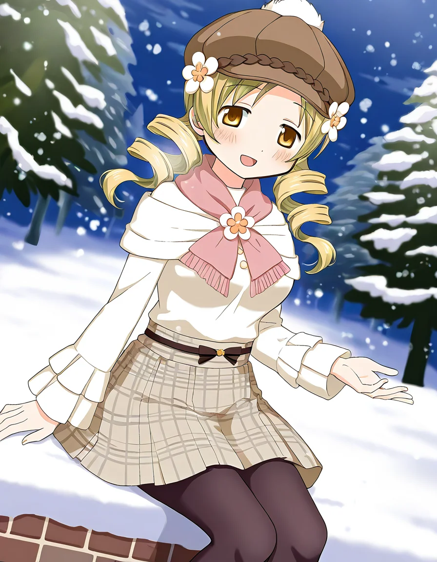 masterpiece, best quality, newest, absurdres, highres, safe, 1girl, tomoe mami \(winter costume\), magia record: mahou shoujo madoka magica gaiden, solo, brown hat, pantyhose, bare hands, open mouth, snowing, outdoors, dutch angle, <lora:tomoe_mami_noobaiXLNAIXL_vPred10Version:0.7>